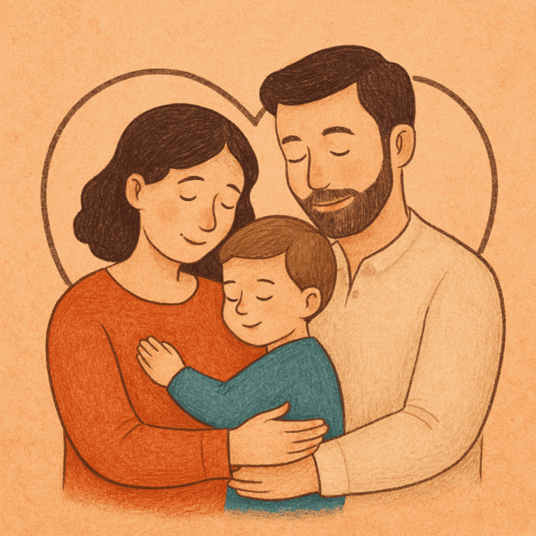 Illustration einer liebevollen Familie: Mutter, Vater und Kind umarmen sich innig in einem herzförmigen Rahmen. Die warme Farbpalette in Erdtönen vermittelt Geborgenheit, Nähe und emotionale Verbundenheit.
