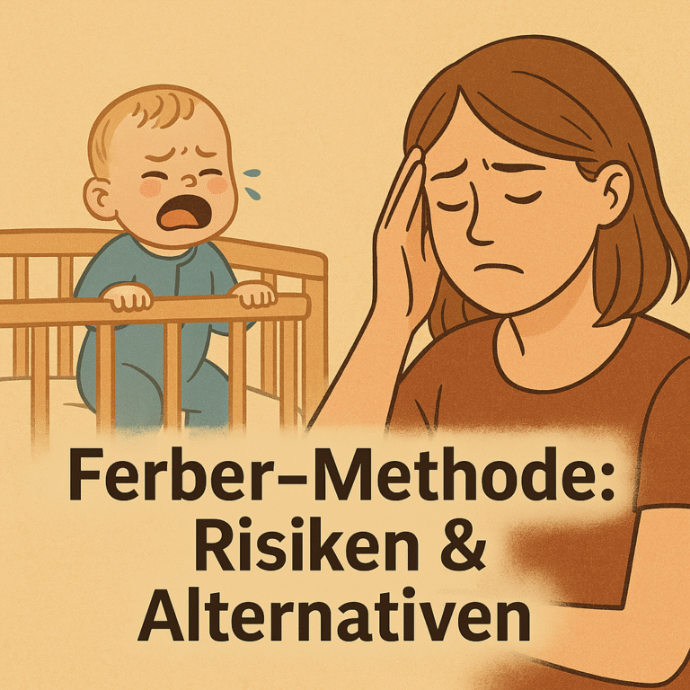Illustration einer erschöpften Mutter mit der Hand an der Stirn und einem weinenden Baby im Gitterbett. Dazwischen steht der Text ‚Ferber-Methode: Risiken & Alternativen‘ – Symbolbild für Schlafprobleme und Erziehungsmethoden bei Babys.