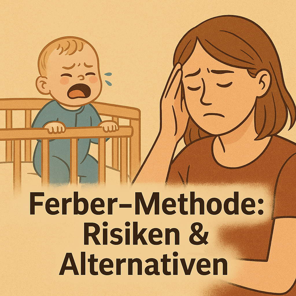 Illustration einer erschöpften Mutter mit der Hand an der Stirn und einem weinenden Baby im Gitterbett. Dazwischen steht der Text ‚Ferber-Methode: Risiken & Alternativen‘ – Symbolbild für Schlafprobleme und Erziehungsmethoden bei Babys.