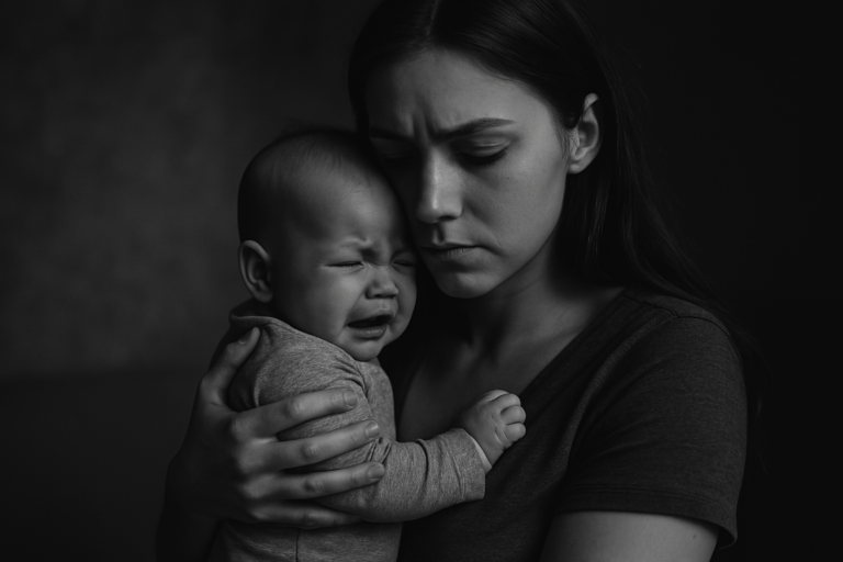 Schwarz-weiß-Fotografie einer jungen Mutter, die ihr weinendes Baby liebevoll an sich drückt. Der emotionale Ausdruck und das sanfte Licht betonen die enge Bindung und das Spannungsfeld zwischen Fürsorge und gesellschaftlichen Erziehungsmythen.