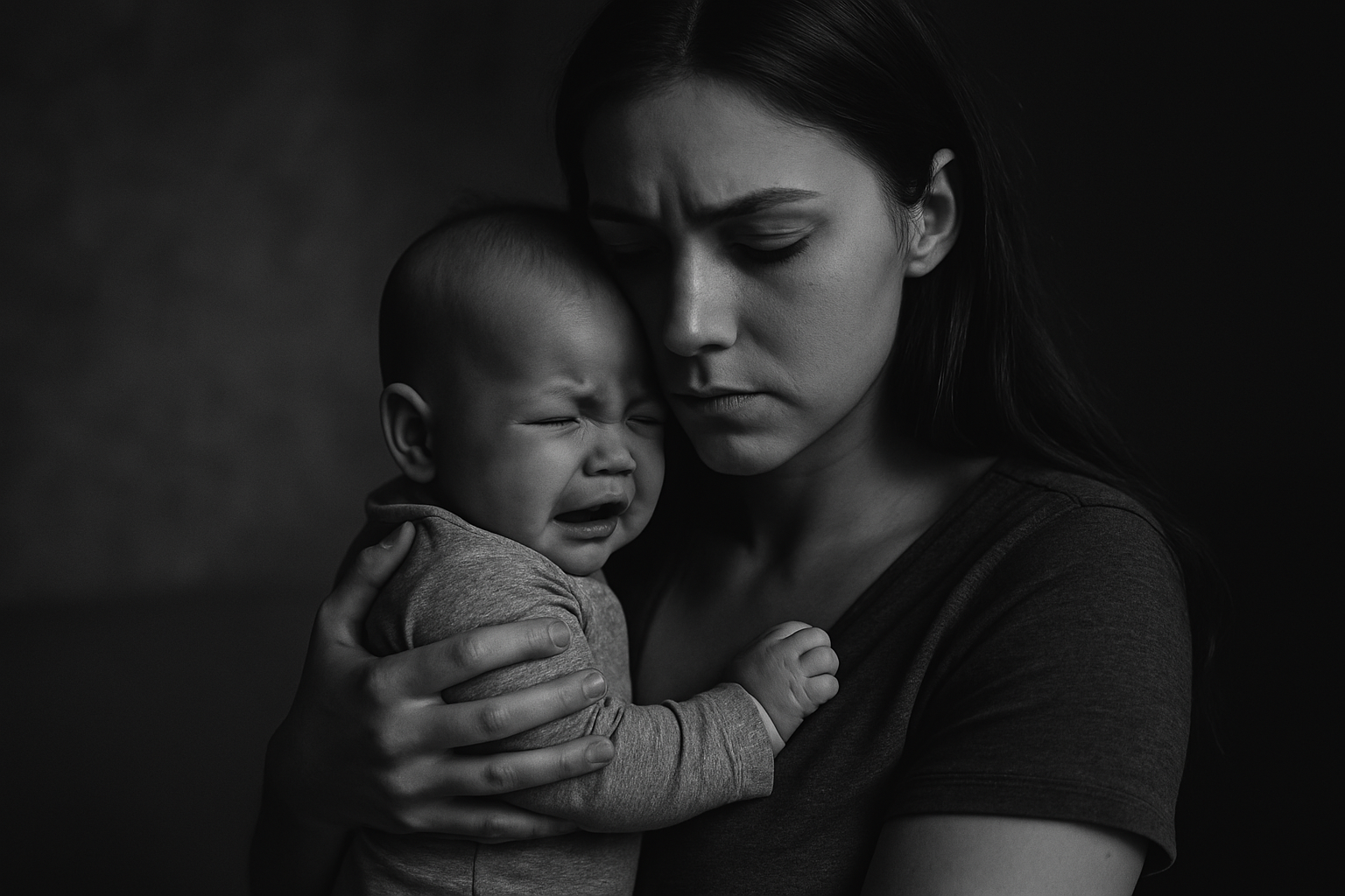 Schwarz-weiß-Fotografie einer jungen Mutter, die ihr weinendes Baby liebevoll an sich drückt. Der emotionale Ausdruck und das sanfte Licht betonen die enge Bindung und das Spannungsfeld zwischen Fürsorge und gesellschaftlichen Erziehungsmythen.