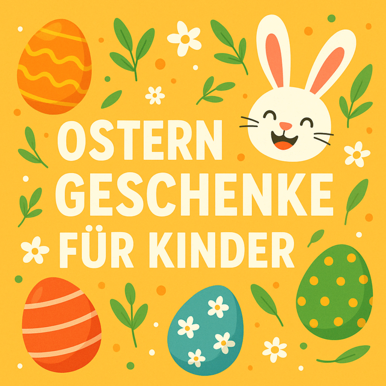 Fröhliche Oster-Illustration mit gelbem Hintergrund: Ein lachender Osterhase, bunte Ostereier, grüne Blätter und weiße Blüten umrahmen den Schriftzug ‚Ostern Geschenke für Kinder‘
