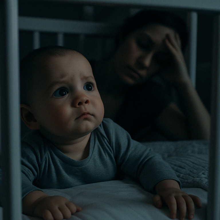Baby liegt nachts wach im Bett und blickt nach oben, während eine erschöpfte Mutter im Hintergrund über dem Gitterbett sitzt – Symbolbild für Schlafprobleme bei Babys.