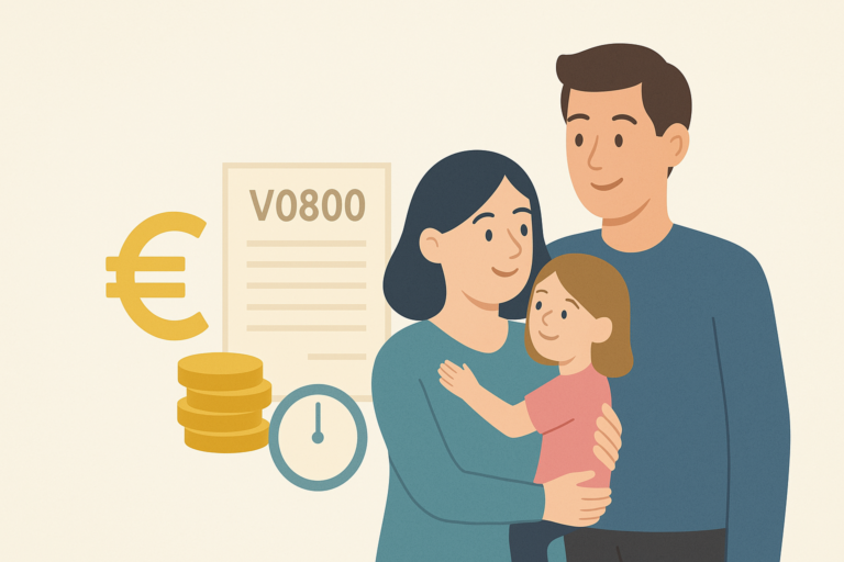 Illustration einer Familie mit Mutter, Vater und Kind vor beigem Hintergrund. Der Vater hält ein Formular mit der Aufschrift ‚V0800‘ in der Hand, umgeben von Symbolen wie Eurozeichen, Münzen und einer Uhr – sinnbildlich für das Thema Rente durch Kindererziehung.